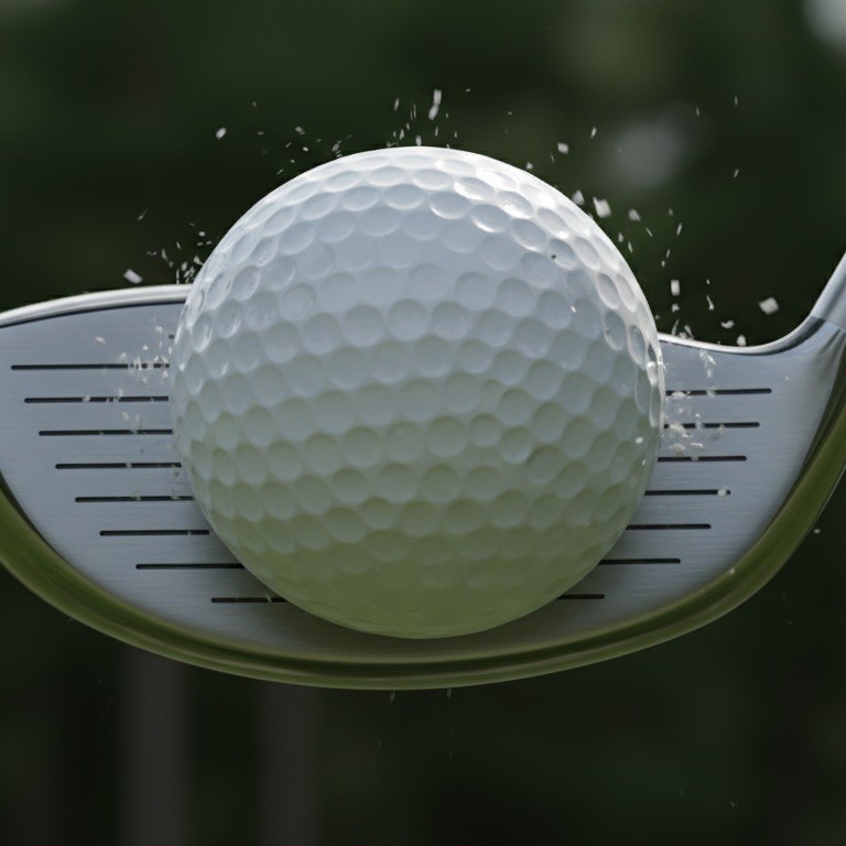High-speed macro photograph of a white golf ball flattening against a driver face at impact, showing visible deformation of the cover.