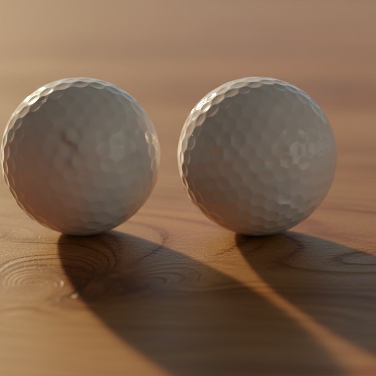 Studio macro photograph of two plain white golf balls on an oak surface, one with a satin finish and one with a glossy finish, showing the difference in cover texture.