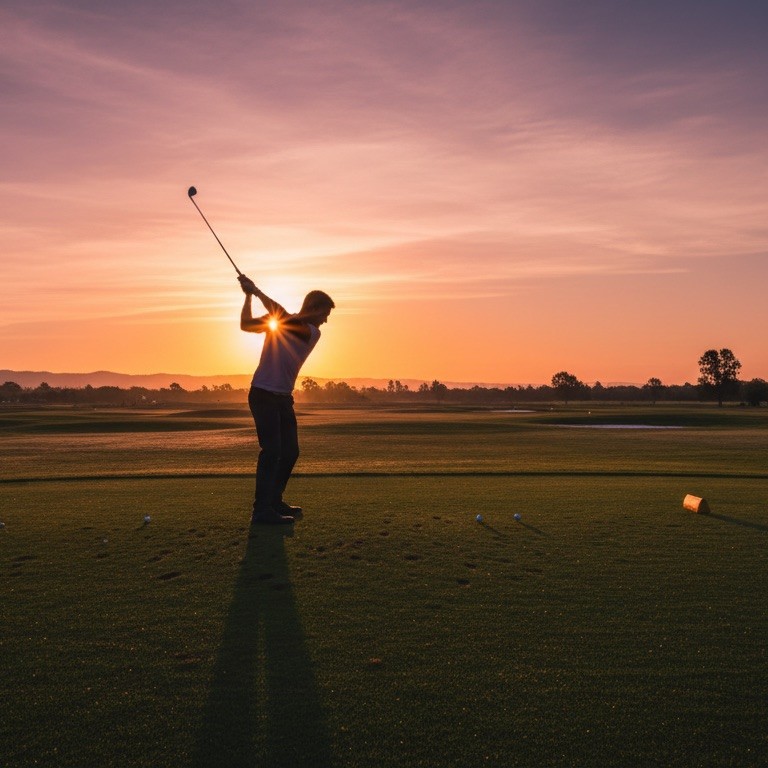 Backlit photograph of a golfer at the top of the downswing on an empty driving range at sunrise, with motion blur on the club head.