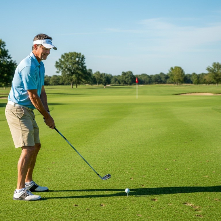 A golfer in a light blue polo standing over an approach shot in the middle of a lush fairway, with the flagstick visible in the distance.