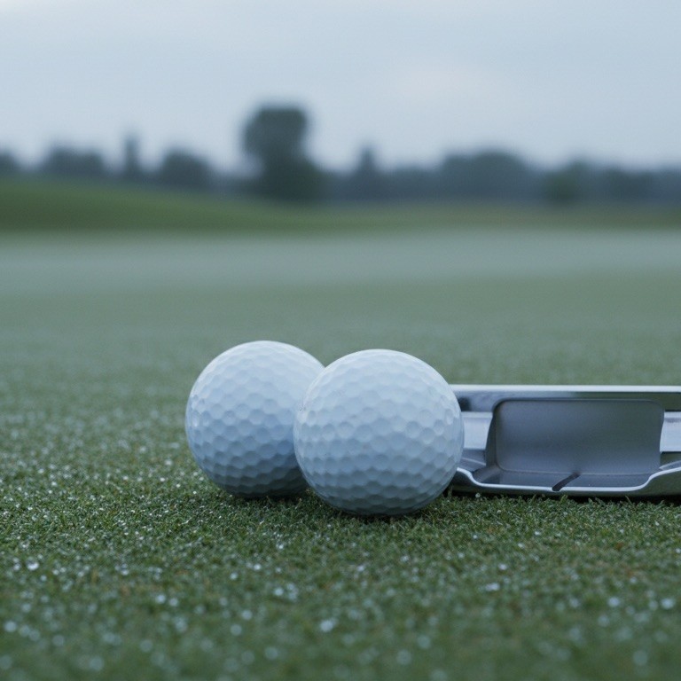 Two unmarked white golf balls resting on a closely mown putting green beside a chrome blade putter head in cool morning light.