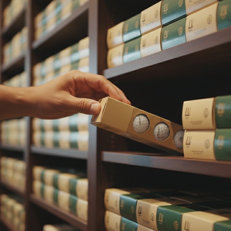 Inside a golf pro shop, a hand lifts one sleeve of golf balls from a wooden shelf stacked with boxes in the blurred background.