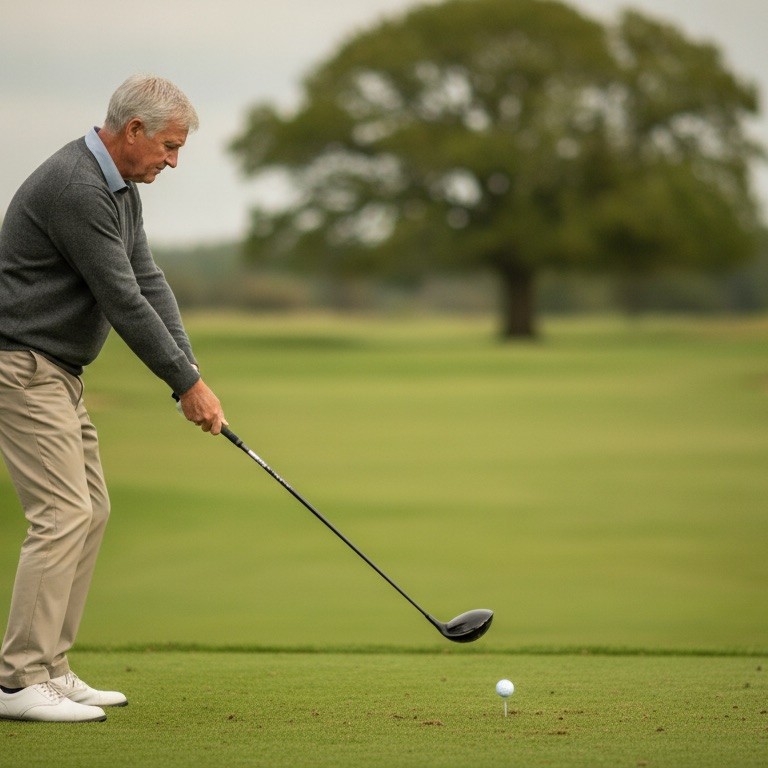 A golfer in his seventies wearing a grey sweater striking a driver at impact on an overcast parkland course, with the ball on a tee in front of his stance.