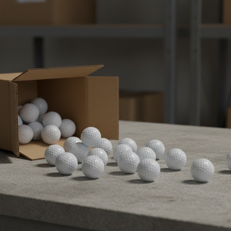 Two dozen plain white golf balls spilling from an open cardboard box onto a concrete workbench under hard overhead light.