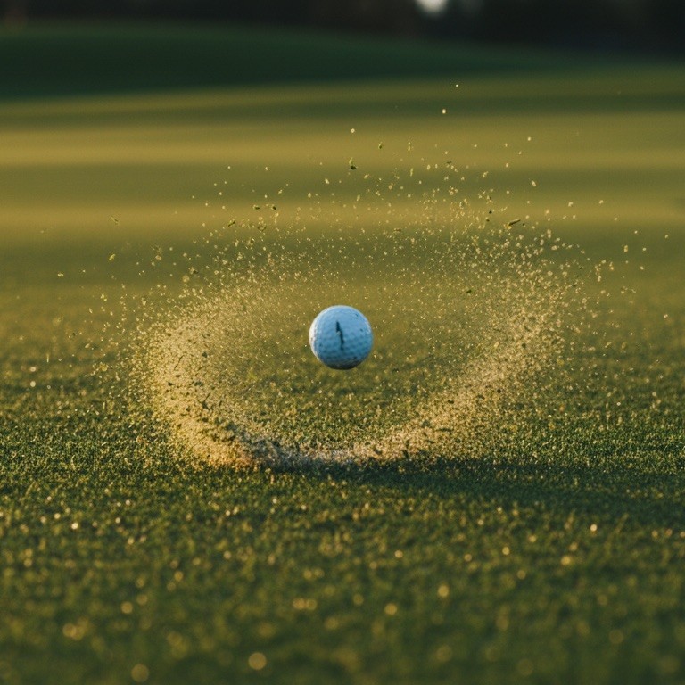 A white golf ball checking up on a green with backspin, throwing a small spray of turf into the air in late afternoon light.